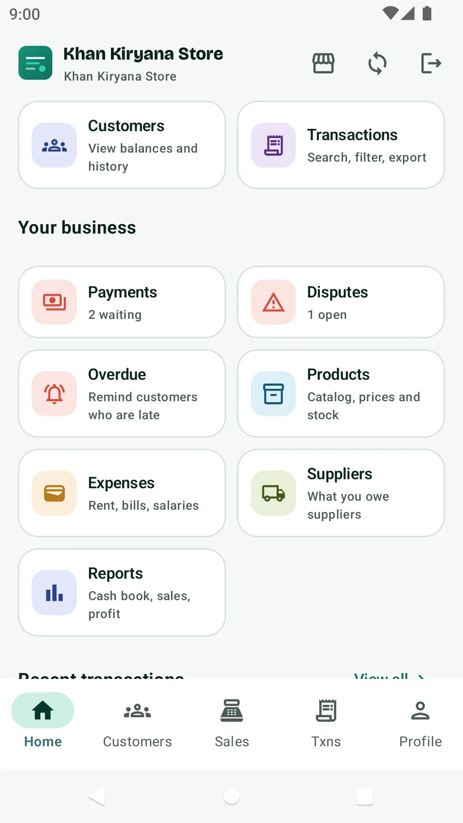 Credit Khata's Your business screen: payments waiting, disputes, overdue customers, products, expenses, suppliers and reports