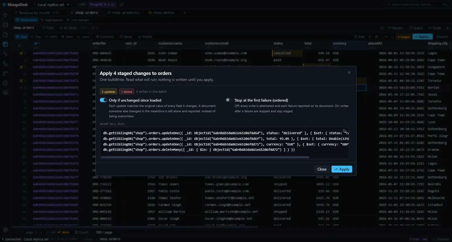 MongoDesk review dialog showing four staged changes as one bulkWrite