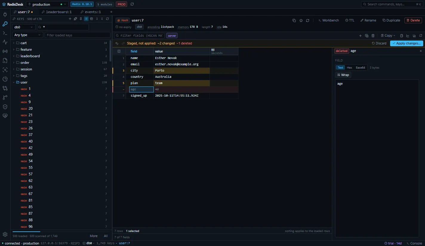 RedisDesk hash editor with two changed fields and one deleted, not yet applied