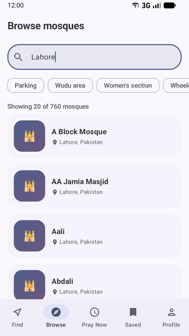 The Browse mosques screen in the Salah Locator app, searching for Lahore, with facility chips and a count of matching mosques