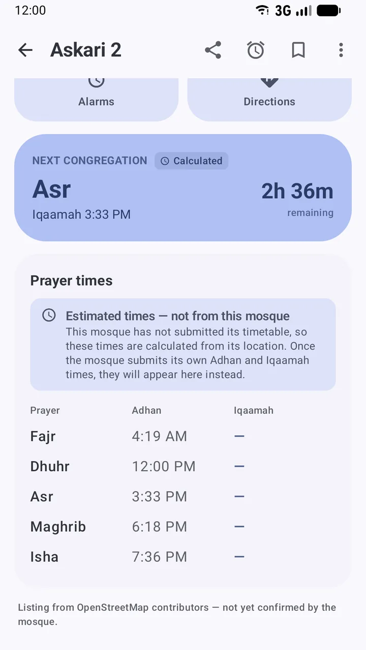 A mosque page in the Salah Locator app showing calculated Adhan times under the notice Estimated times — not from this mosque