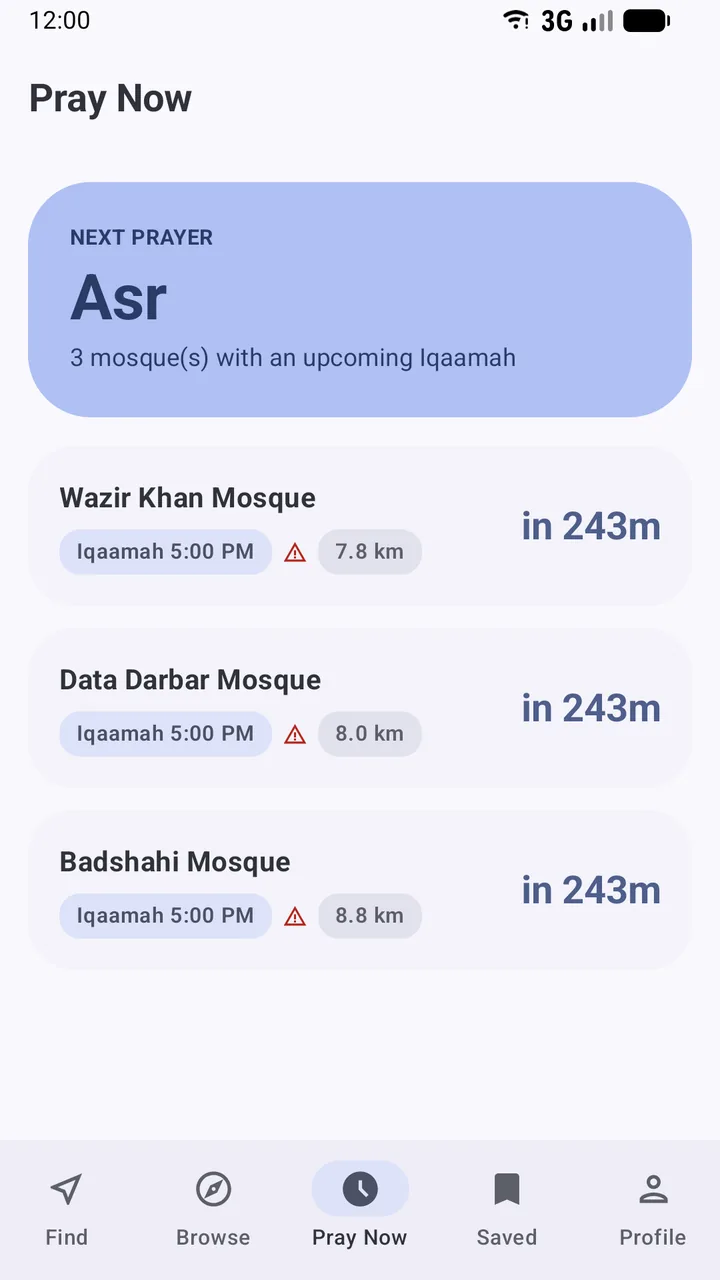 The Pray Now tab in the Salah Locator app showing Asr as the next prayer and three mosques with Iqaamah 5:00 PM, a warning mark, their distances and the minutes remaining