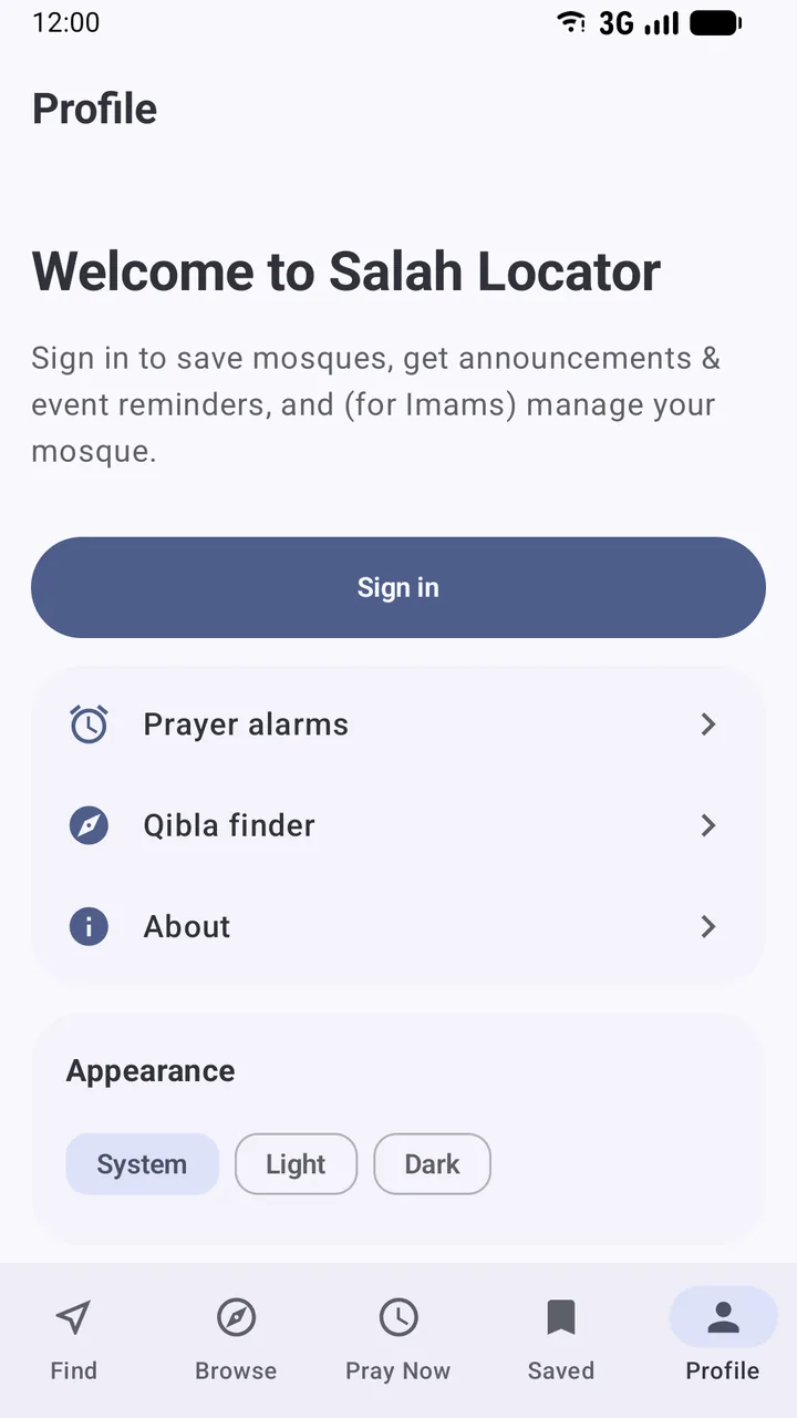 The Profile tab in the Salah Locator Android app with the Prayer alarms option at the top of the menu