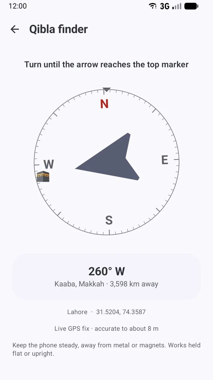 The Salah Locator Qibla finder showing a compass dial with a Kaaba marker and a bearing of 260 degrees west from Lahore