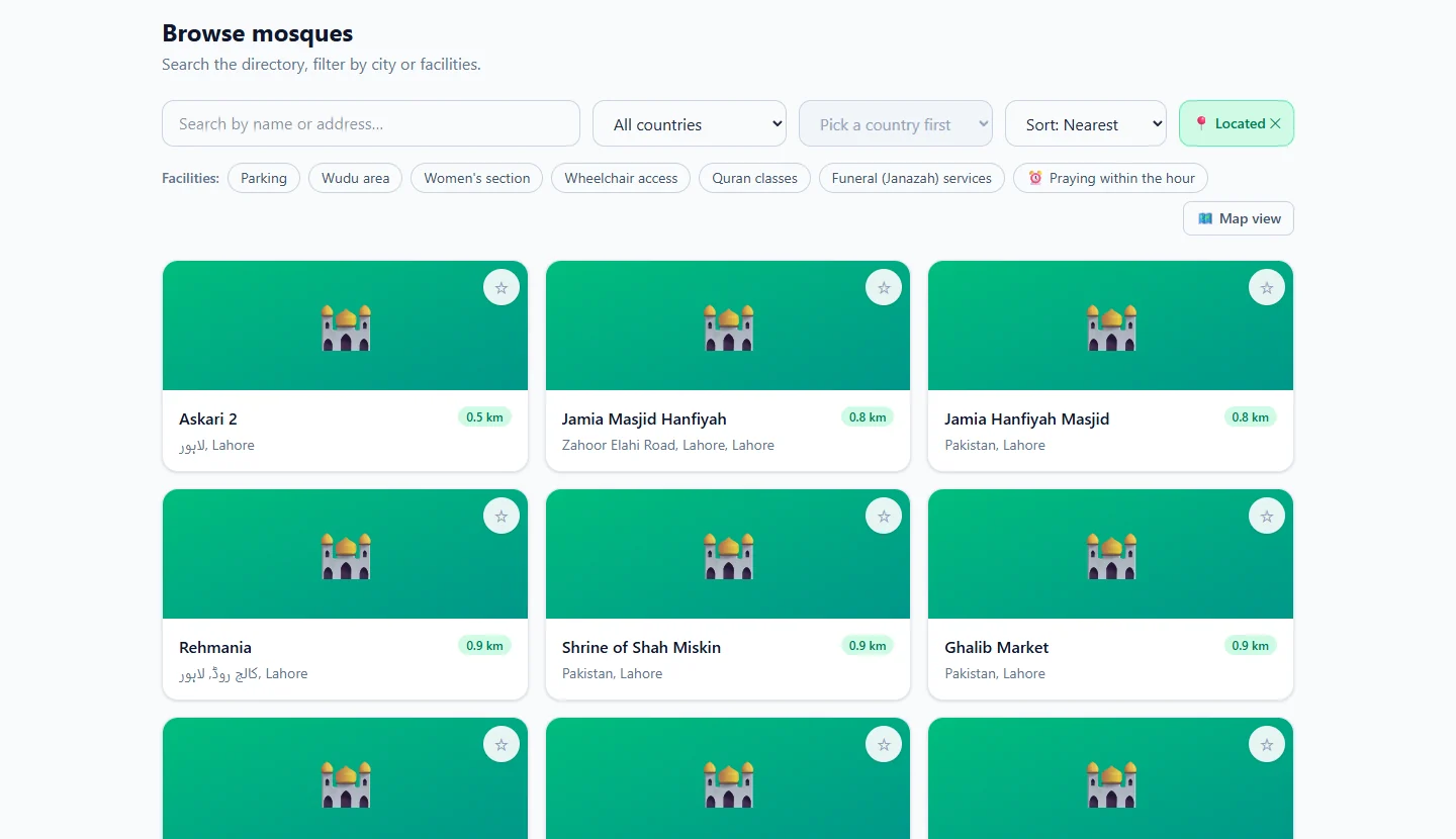The Browse mosques page on the Salah Locator website with search, country, city and sort controls, facility filter chips and mosque cards sorted by distance
