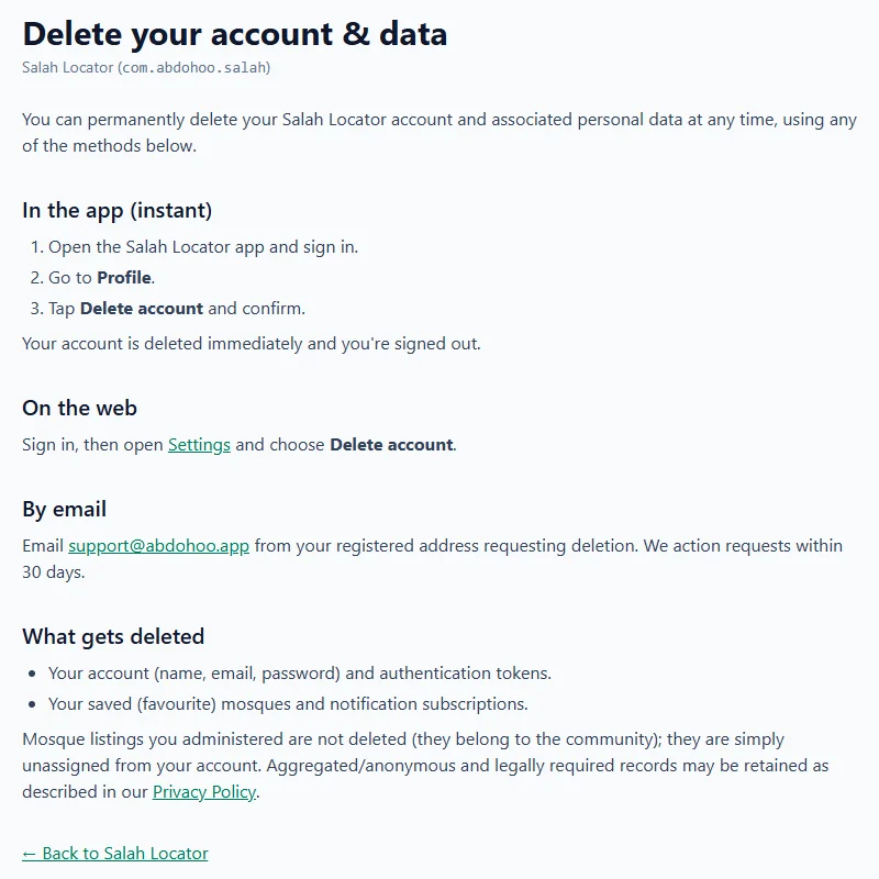 The Delete your account and data page on the Salah Locator website, listing how to delete in the app, on the web and by email, and what gets deleted