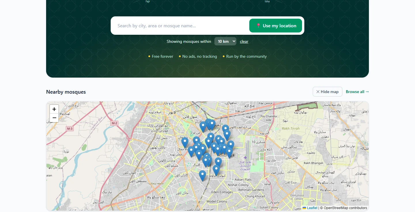 Mosques shown as pins on a map of Lahore on the Salah Locator website