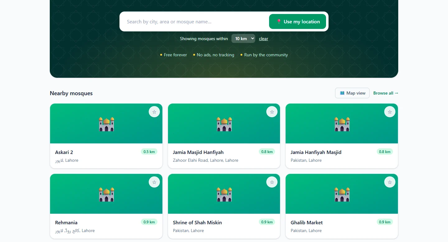 Mosque cards on the Salah Locator website, each with a star button in the top right corner and a distance badge