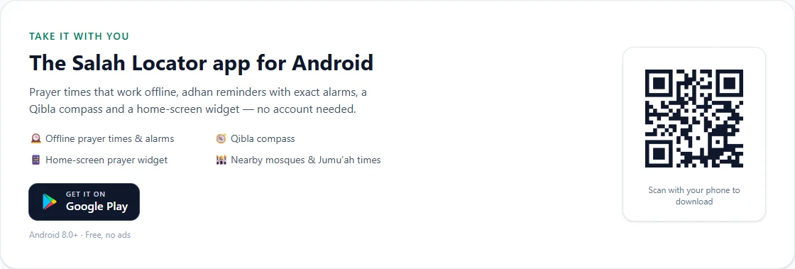 The Salah Locator website promoting the Android app with offline prayer times and alarms, a Qibla compass and a home-screen widget