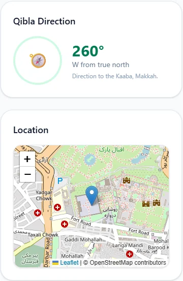 The Qibla Direction card on a Salah Locator mosque page showing 260 degrees, W from true north, above a map of the mosque's location