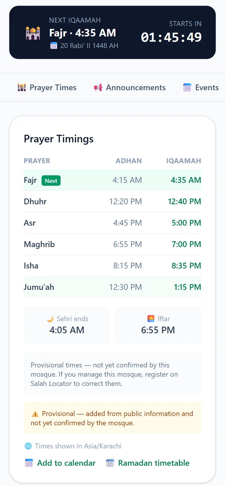 A Salah Locator mosque timetable on a phone with a Jumu'ah row showing Adhan 12:30 PM and Iqaamah 1:15 PM
