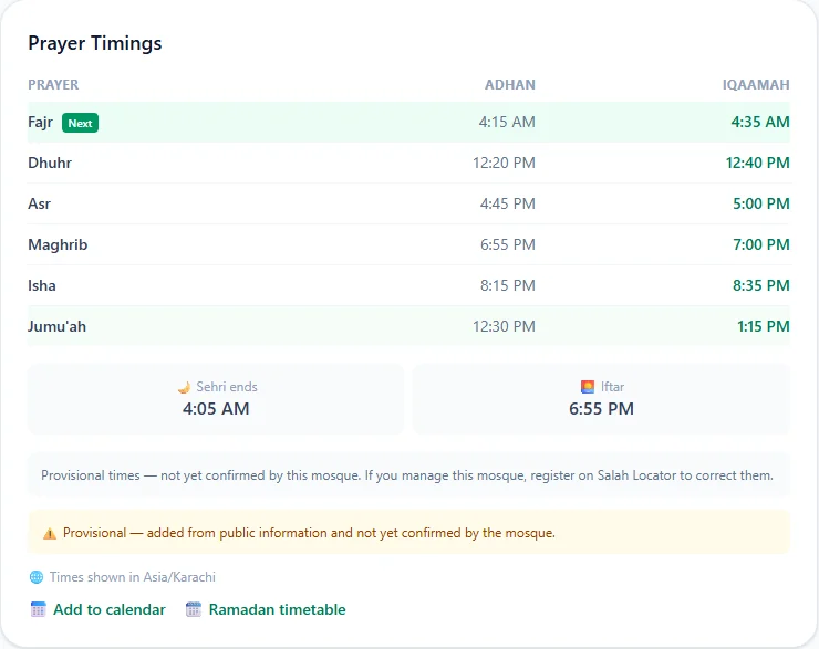 A mosque timetable on the Salah Locator website with separate Adhan and Iqaamah columns for each prayer and Jumu'ah
