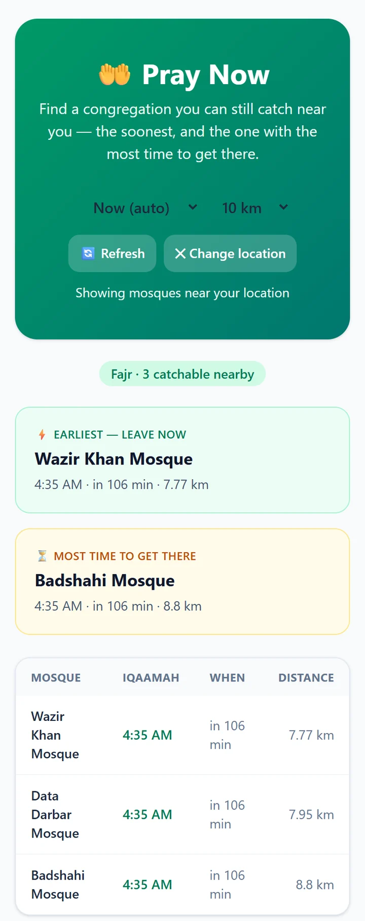 Pray Now on a phone browser listing Wazir Khan Mosque, Data Darbar Mosque and Badshahi Mosque with their Iqaamah time, minutes to go and distance