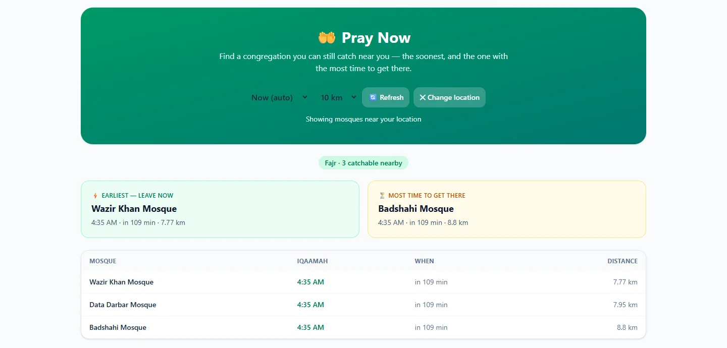 The Pray Now page on the Salah Locator website listing nearby mosques with the earliest congregation and the one with most time to get there