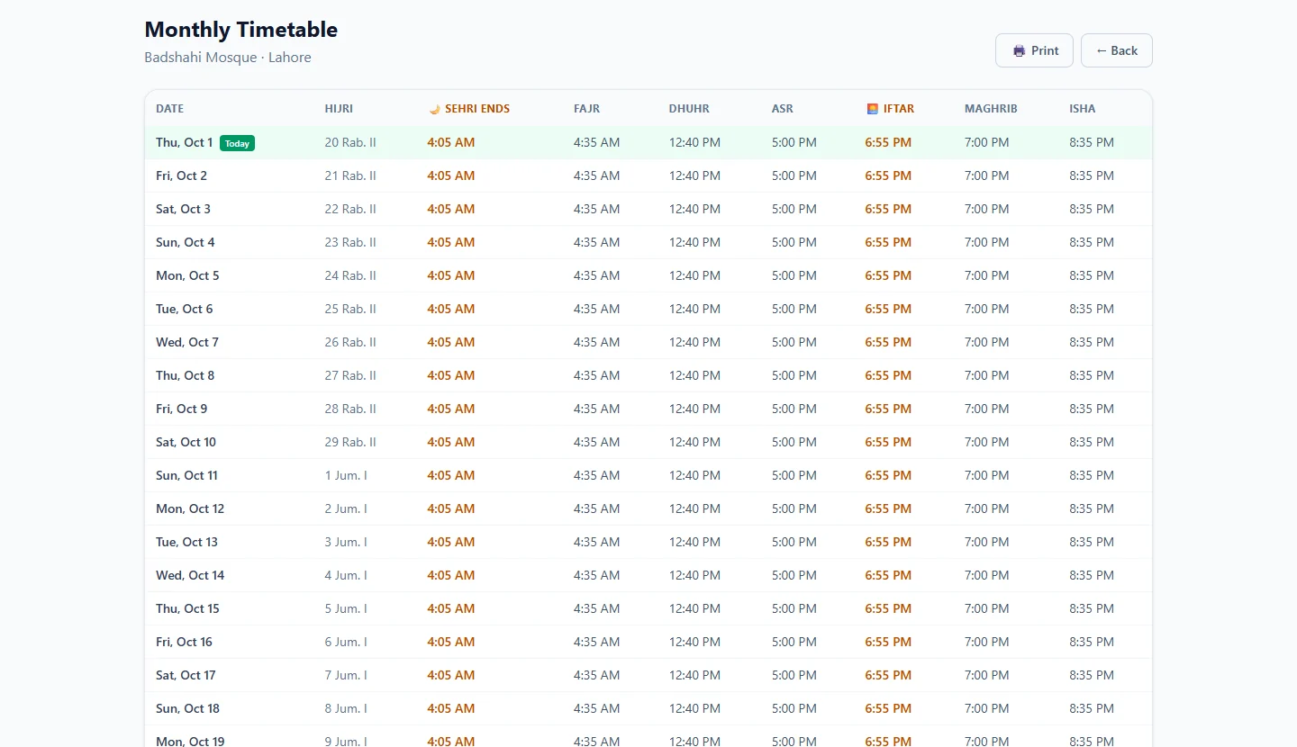 A printable day-by-day timetable on the Salah Locator website with Hijri dates, Sehri ends, Iftar and the prayer times