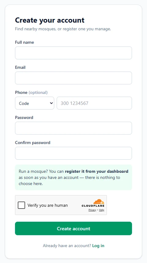 The Create your account form on the Salah Locator website with a note: Run a mosque? You can register it from your dashboard as soon as you have an account