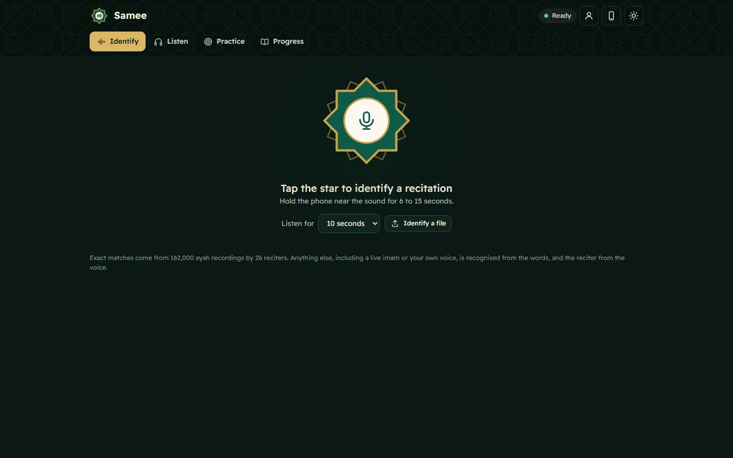 Samee on a computer, in dark mode. Installed, it opens in a window of its own. Samee's Identify page on a computer in dark mode, with the Identify, Listen, Practice and Progress tabs at the top and the star button in the middle