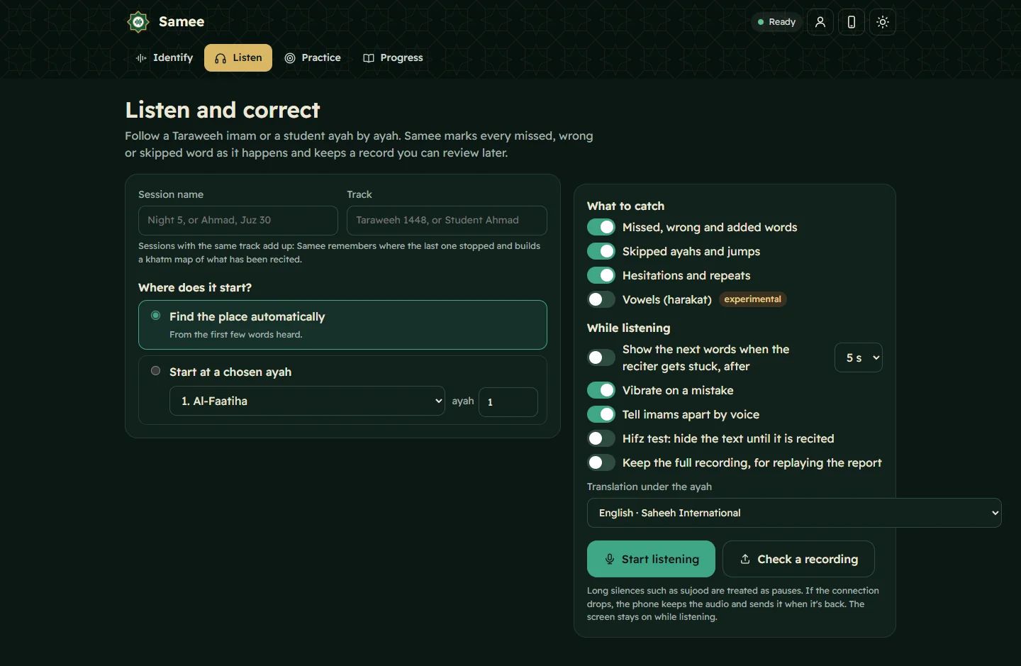 Samee's Listen and correct setup in dark mode, with Session name, Track, Where does it start?, What to catch and While listening options