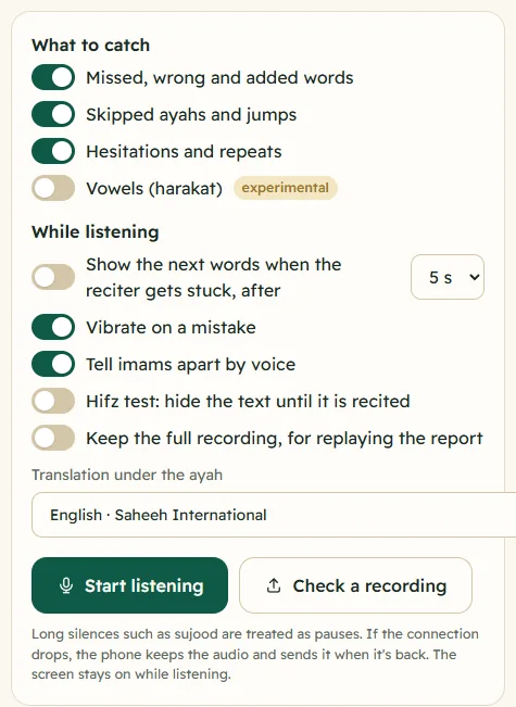 The What to catch and While listening options on the Listen screen, including Show the next words when the reciter gets stuck, after 5 s