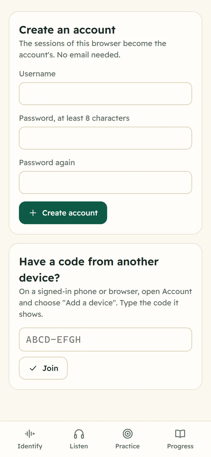 The Have a code from another device? box on the Account page with an ABCD-EFGH code field and a Join button, below Create an account
