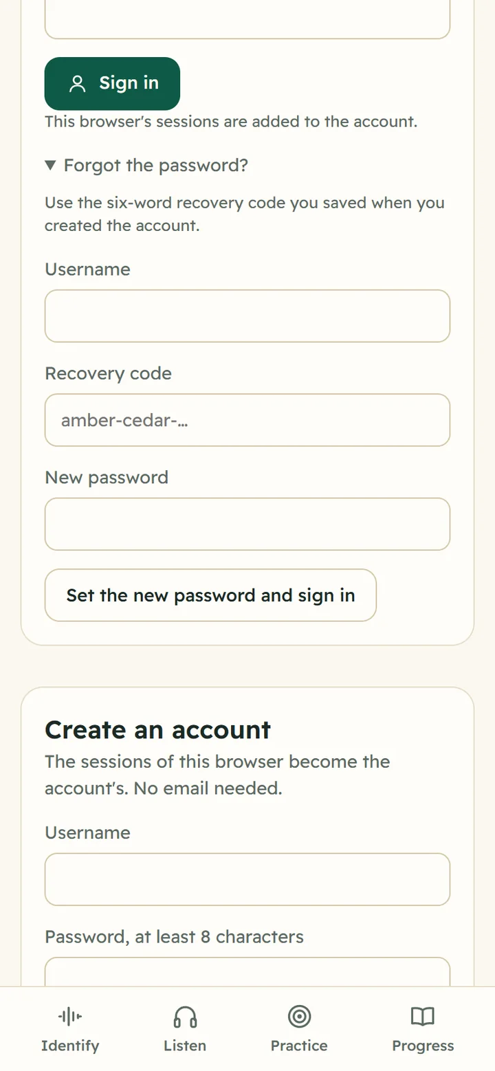 Forgot the password? opened on the Account page: Username, Recovery code (amber-cedar-…) and New password fields, and Set the new password and sign in