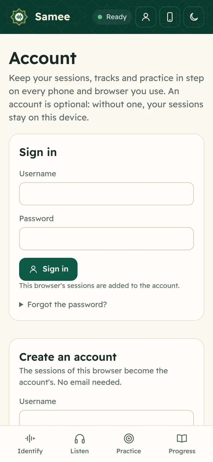 The Account page on a phone for a visitor who isn't signed in: Sign in with username and password, Forgot the password?, and the start of Create an account
