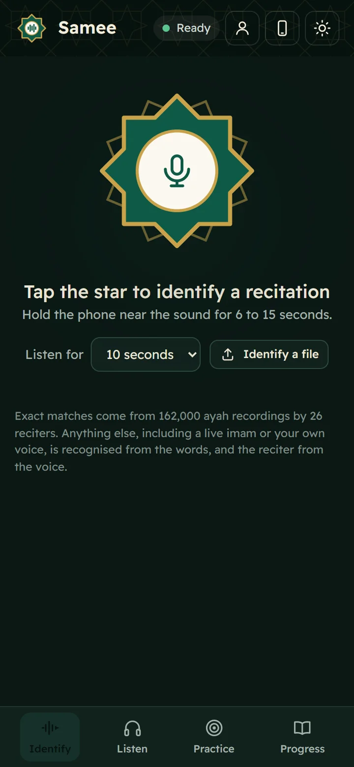 Samee on a phone in dark mode: the emerald and gold star button, the caption Tap the star to identify a recitation, and the Identify, Listen, Practice and Progress tabs
