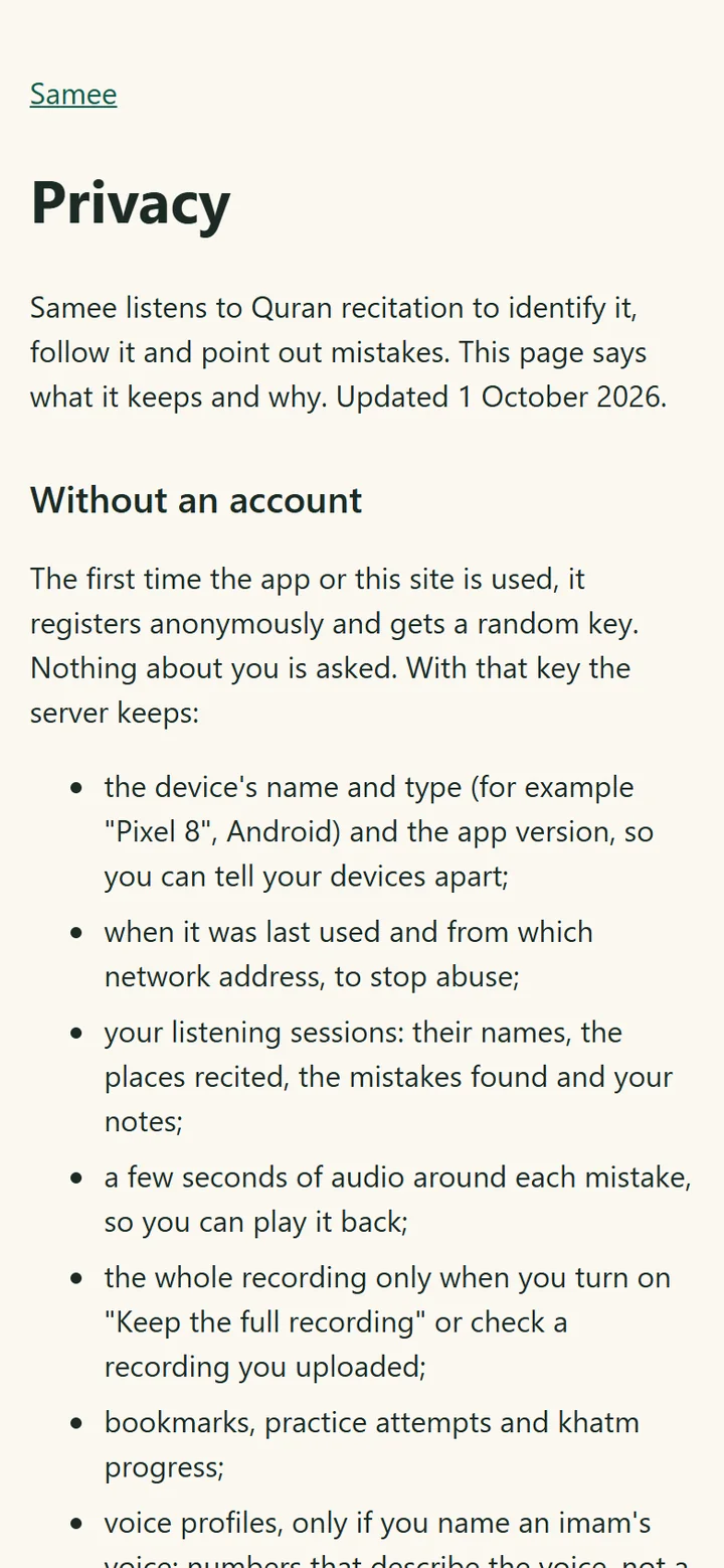 Samee's privacy page on a phone: Without an account, listing the device name and type, when it was last used, the listening sessions, a few seconds of audio around each mistake, the whole recording only when asked, bookmarks and voice profiles