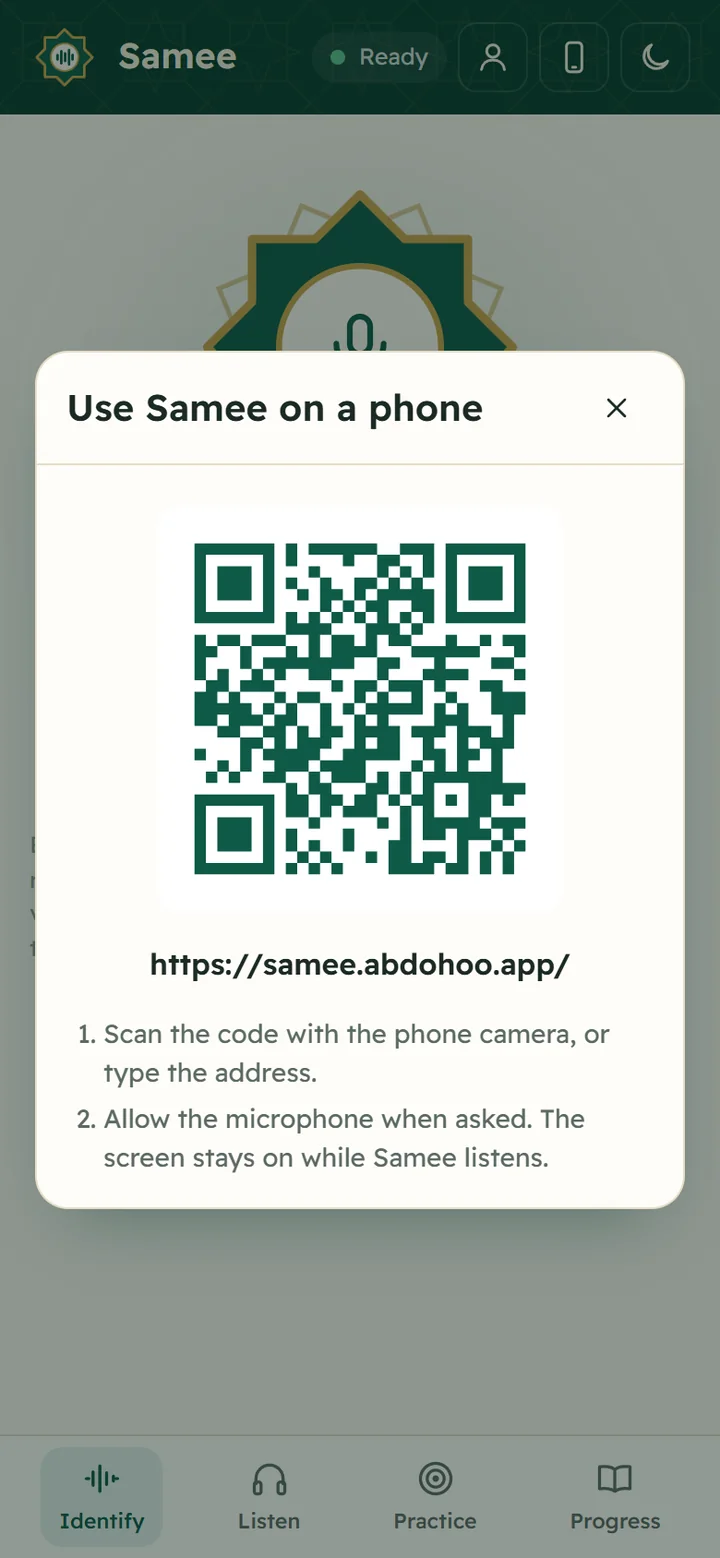 The Use Samee on a phone window: a QR code for https://samee.abdohoo.app/, then the steps Scan the code with the phone camera and Allow the microphone when asked