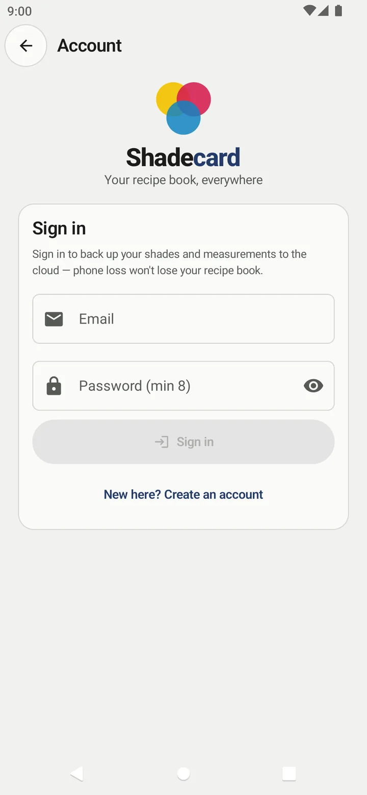 Shadecard Account screen with Your recipe book, everywhere, the Sign in card with Email and Password fields, and New here? Create an account
