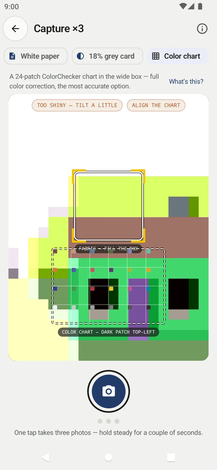 Capture ×3 with Color chart selected, showing the wide dashed grid box labelled COLOR CHART — DARK PATCH TOP-LEFT and an ALIGN THE CHART pill