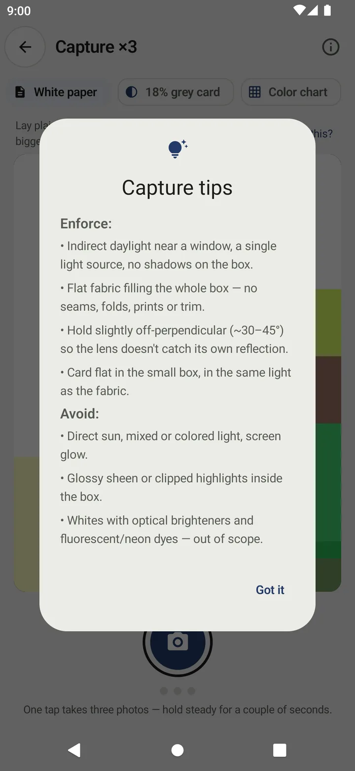 Shadecard Capture tips dialog advising indirect daylight and a single light source, and warning against direct sun, mixed or coloured light