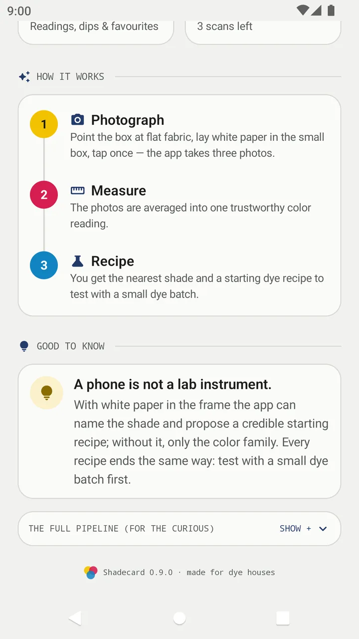 How it works card on the Shadecard home screen: Photograph, Measure, Recipe, and a note that a phone is not a lab instrument