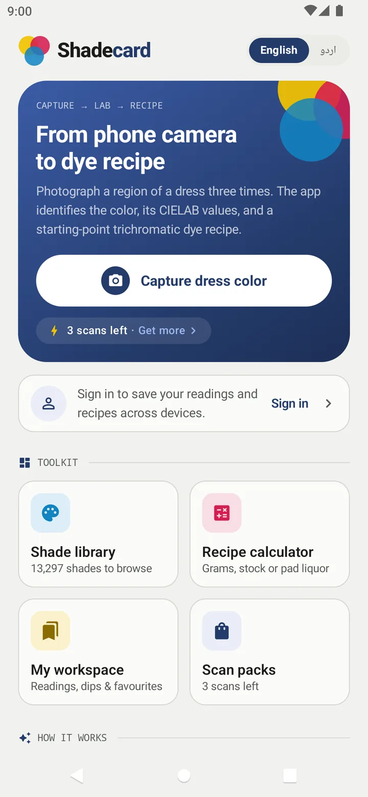 Shadecard home screen with the Capture dress color button, scan counter and the Toolkit tiles