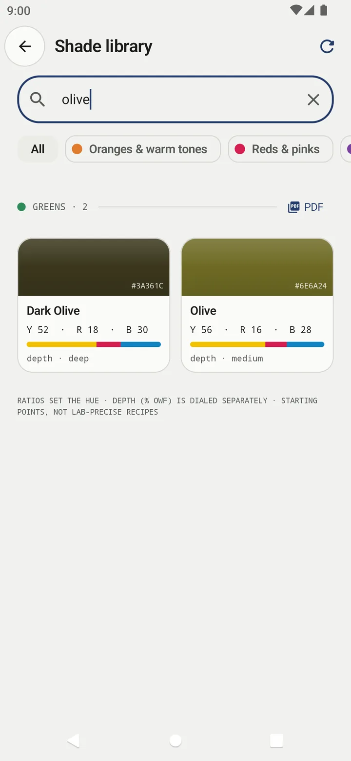 Shadecard library search for olive: Dark Olive Y 52 R 18 B 30 deep, and Olive Y 56 R 16 B 28 medium, each with a yellow-red-blue ratio bar