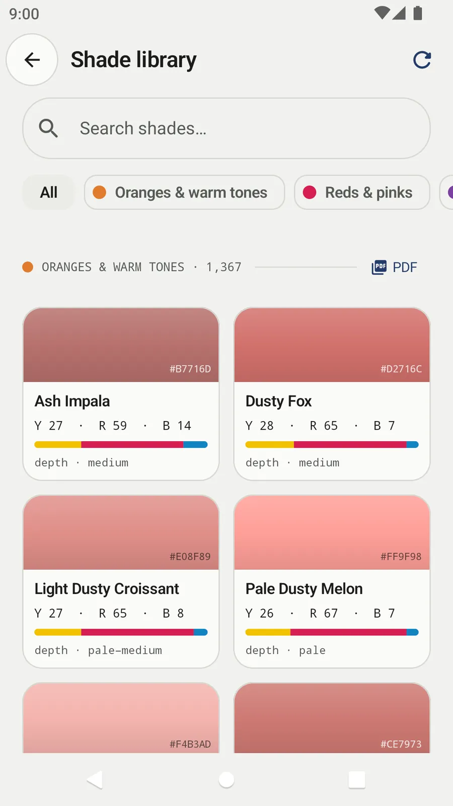 Shade library filtered to Oranges & warm tones with 1,367 shades, a PDF button, and cards such as Ash Impala and Dusty Fox showing hex, Y R B ratio and depth