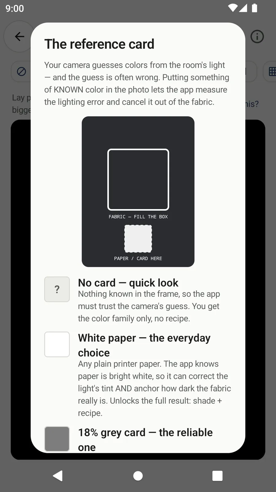 Shadecard's reference card help: a diagram with the fabric box and the paper or card box, and the No card, White paper and 18% grey card options