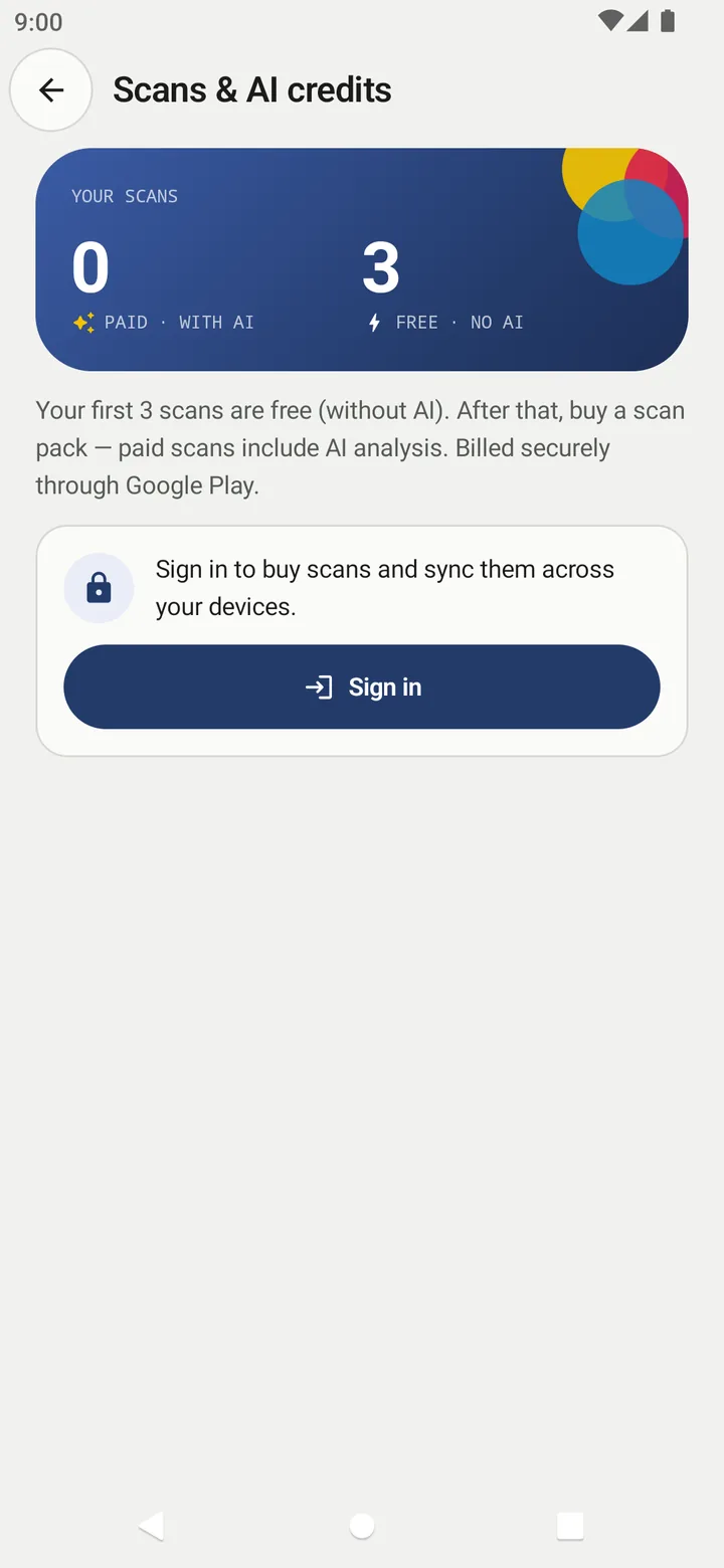Scans & AI credits screen showing 0 paid scans with AI and 3 free scans without AI, and a Sign in button
